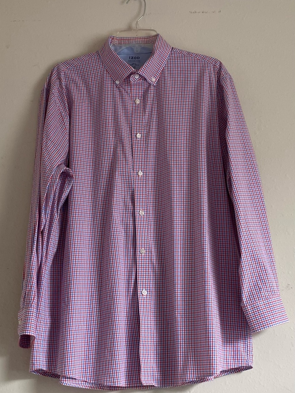 Izod Men’s Pink and Blue Gingham Button-Down Shirt 17, 17 1/2 , 32/33